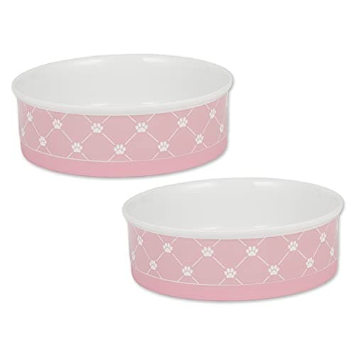 Bone Dry Trellis Paw Print Pet Bowl Set Microwave & Dishwasher Safe, Non-Slip Silicone Bottom for Less Mess, Large 7.5x2.4, Bubble Gum, 2 Count