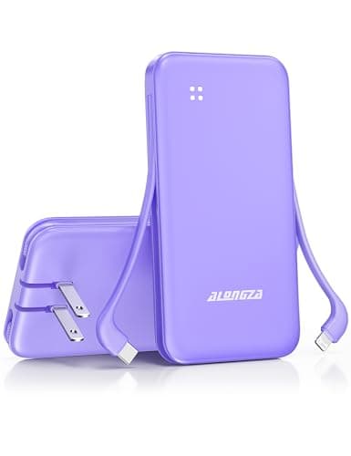 Alongza Portable Charger Built-in Cables and AC Wall Plug, Slim Fast Charging Power Bank 10000mAh, Lightweight USB C External Battery Pack Compact Travel Cell Phone Charger