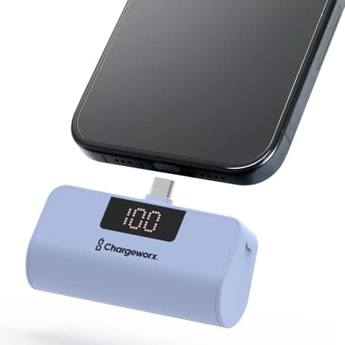 CHARGEWORX Mini Portable Charger Power Bank with Built-in USB-C Connector, Compact 5,000 mAh Power Bank with Fast-Charge Dual Output, Pass-Through Charging, LCD Display for Battery Status, Coral Blue