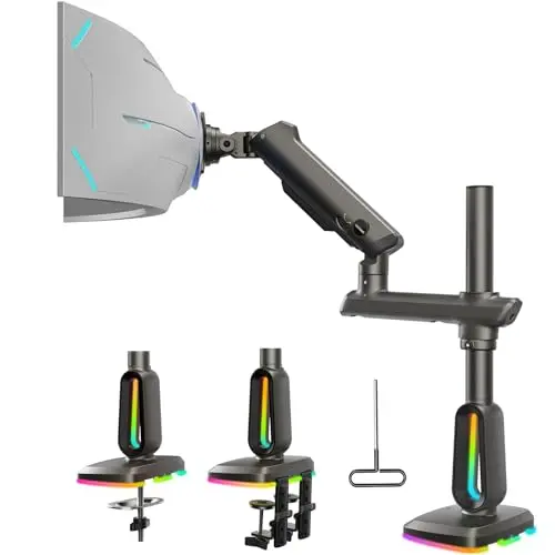 HUANUO RGB Heavy Duty Monitor Arm for Ultrawide Screens up to 57", Holds 44 lbs, Tall Ultrawide Monitor Stand with 29.1" Max Height, Fully Adjustable Single Computer Desk Mount, Max VESA 100x100mm