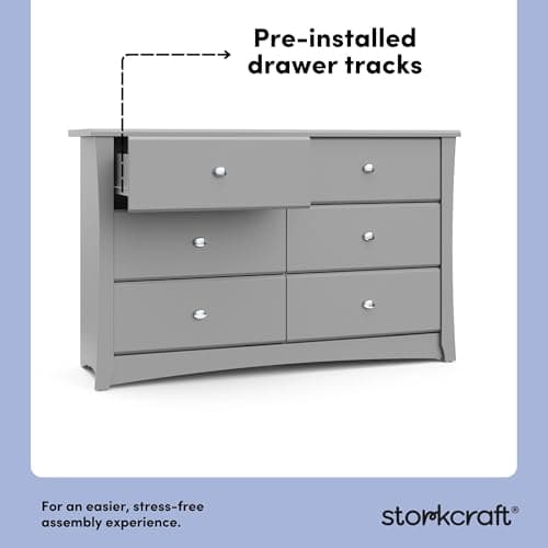 Storkcraft Crescent 6-Drawer Dresser (Pebble Gray) – GREENGUARD Gold Certified, Gray Dresser for Bedroom, Kids & Nursery Storage Chest, Safety Interlocking Drawers, Pre-Installed Tracks, Kids Chest 8