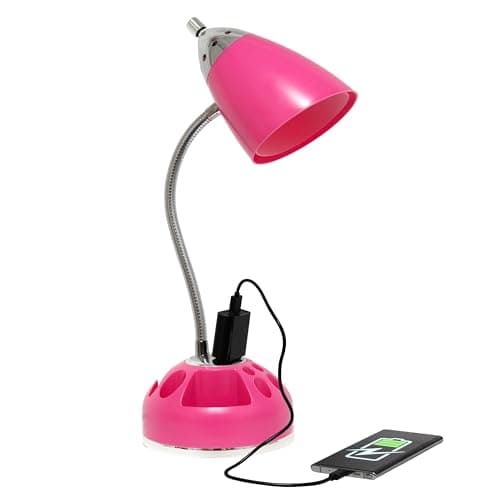 Simple Designs LD1015-PNK-LB 19.5" Flossy Organizer Desk Lamp with Charging Outlet Lazy Susan Base and LED Bulb, Pink 6