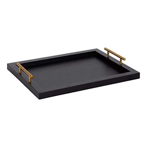 Kate and Laurel Halsey Rectangle Decorative Wooden Tray with Polished Metal Handles; 17 x 13; Black and Gold; Modern Glam Wood Rectangular Serving Tray for Display or Decoration