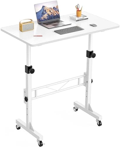 HOMIDEC Standing Desk, 32 Inch Portable Small Desk Adjustable Height, Rolling Home Office Desks with Wheels, Sit Stand Desk for Bedroom Walking Pad Home Office Small Space, White
