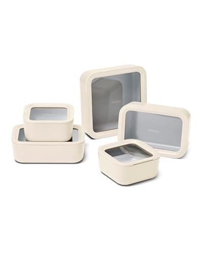 Caraway 13pc Glass Food Storage Container Set - Easy to Store, Non Toxic Lunch Box - with Glass Lids - Includes Storage Organizer - Cream