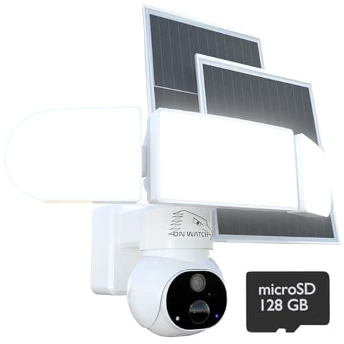 ON WATCH 24/7 Recording Solar Floodlight Security Camera Wireless Outdoor, Motion-Activated Alert/2000LM Floodlight/105dB Siren, WiFi, 2K, HD Live View/Talk, 360° Pan & Tilt, Free Local 128GB Storage