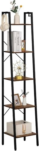 Hzuaneri Ladder Shelf, Bookshelf Bookcase, Freestanding Corner Storage Shelve with 2 Hooks for Home Office, Living Room, Kitchen, Bedroom, Industrial, 11.8" D x 13.4" W x 63" H, Rustic Brown BC03201B 9