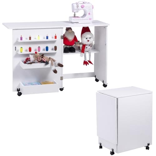 Vividwood Folding Sewing Table, Multipurpose Sewing Machine Table with Compact Design, Wheels, Shelves, Bins, Pegs, Magnetic Locks (White) 7