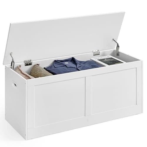 VASAGLE Storage Chest, Storage Trunk with 2 Safety Hinges, Storage Bench, Shoe Bench, Farmhouse Style, 15.7 x 39.4 x 18.3 Inches, for Entryway, Bedroom, Living Room, Cloud White ULSB164W01