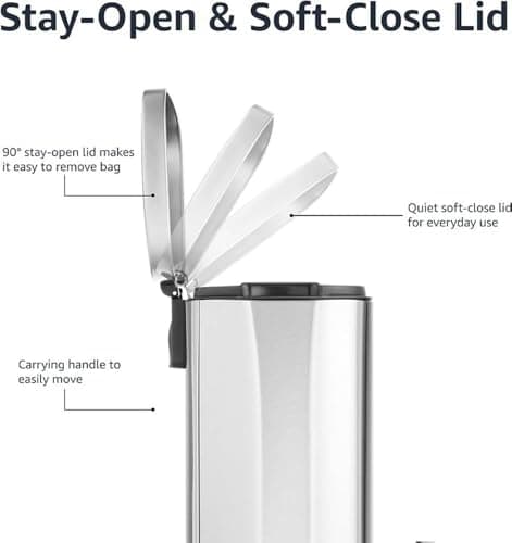 Amazon Basics Smudge Resistant Rectangular Trash Can with Soft-Close Lid, Foot Pedal, Removable Inner Bucket, 30 Liter/7.9 Gallon, Brushed Stainless Steel, Satin Nickel Finish, 13.8"L x 11.8"W x 25"H 6