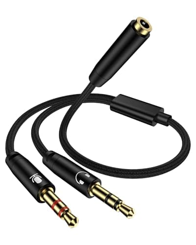 Headphone Mic Splitter for PC, Braided 3.5mm Female to 2 Dual Male Audio Adapter 2-in-1 Y Separator Aux Dongle Converters Cable Cord Compatible with Headset Microphone Gaming Computer Speaker Laptop
