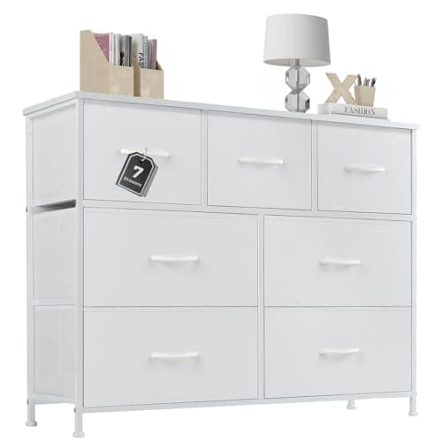 DUMOS Dresser for Bedroom with 7 Fabric Drawers, Chest Organizer Units for Clothing, Closet, Bedroom, Storage Tower with Cabinet, Metal Frame, Wooden Top, Lightweight Furniture, White