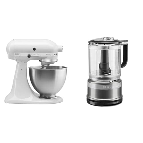 KitchenAid Classic Series 4.5 Quart Tilt-Head Stand Mixer K45SS, White & 5 Cup Food Chopper - KFC0516, Contour Silver