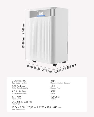 VEVOR 35 Pints Dehumidifier for Home & Basement, 2500 Sq.Ft Coverage, Drain Hose for Commercial & Industrial Use, Smart Humidity Control, Low Noise for Large Rooms, Warehouses, Bedrooms & Storage 7