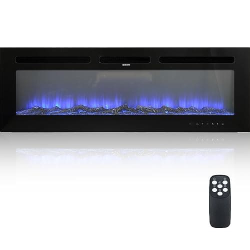 50 Inch Electric Fireplace Wall Mounted and Recessed LED Fireplace with Remote Control 8h Timer, 12 Flames,Touch Screen, in-Wall Fireplace Heater with Log & Crystal Hearth for Living Room 9