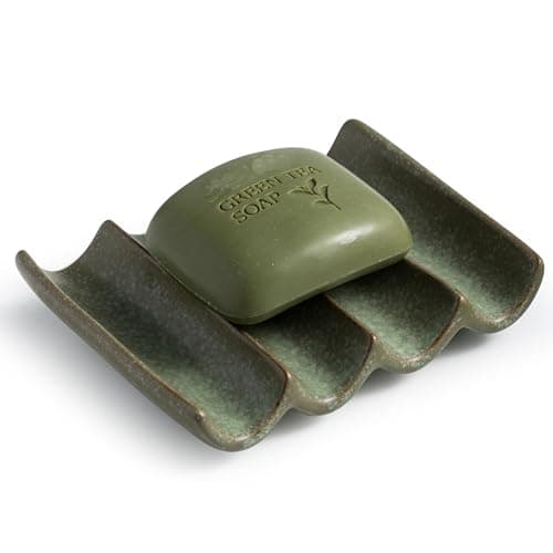 Cormomu Draining Ceramic Soap Dish - Fluted Design, Bar Soap Holder for Shower & Bathroom, Soap Saver Sponge Lift, Green