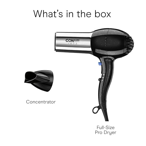 Conair Hair Dryer, 1875W Full-Size Hair Dryer with Ionic Conditioning, Blow Dryer, Tourmaline Ceramic Technology for Quick Drying, Black/Chrome 9
