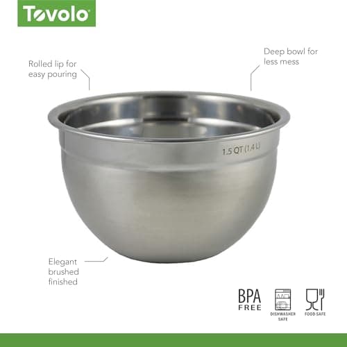 Tovolo Small Stainless Steel Mixing Bowl 1.5 Quart Metal Mixing Bowl with Rounded Lip for Easy Pour and Nesting Storage, Dishwasher Safe Quart Metal Bowl for Baking Mixing and Cooking Prep 8