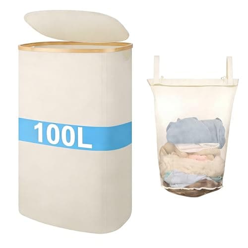 Laundry Hamper with Lid, 100L Clothes Hampers for Laundry with Bamboo Handles and A Removable Bag, Fordable laundry Basket with Lid for Bathroom, Bedroom, Dorm, Laundry Room