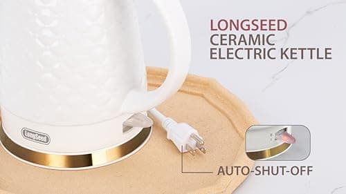 LONGSEED Ceramic Electric Kettle, 1.5L/1200W Boil Water Quickly and Easily with Boil-Dry Protection Auto Shut Off, Detachable Swivel Base, White Relief Carving 5
