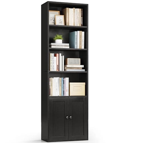 Casaottima Bookshelf and Bookcase with Doors, Floor Standing 6-Tier Shelf Display Storage Shelves, Tall Bookcases for Home Office, Living Room, Black