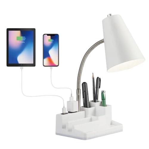 E26 Desk Lamp with 1 USB Charging Port and 1 AC Outlet, Organizer Base, Adjustable Neck, On/Off Switch, Modern Table Lamp for Reading, Working, Studying (White)