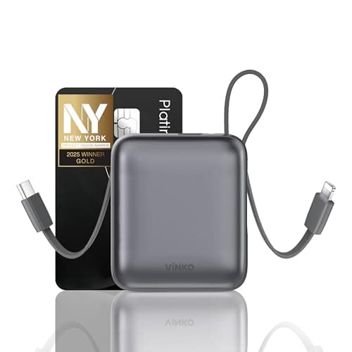 VINKO Small Portable Charger, 22.5W Fast Charging Mini Power Bank 10000mAh with Built-in Cables, Travel Essential USB-C Battery Pack Compatible with iPhone 17/16/15, Samsung S25/24, Android (Gray)