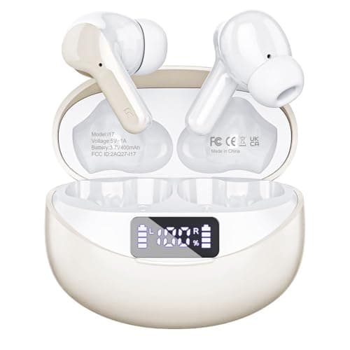 Fhumsh Wireless Earbuds Bluetooth 5.4 HiFi Stereo Headphones, 50H Playback in Ear Buds with LED Digital Display for Office/Running/Workout Oil White