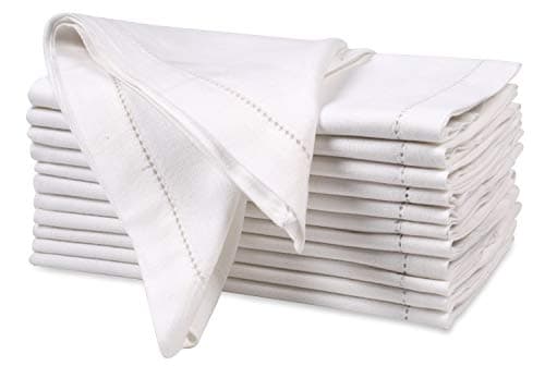 Ramanta Home Decorative Cloth Dinner Napkins Set of 12, 20x20 Inch White Hemstitched Flax Cotton Napkins with Mitered Corners, Oversized Use, Parties, Weddings, Spring, Easter Cloth Napkins