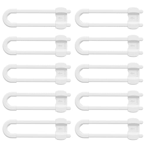 (10 pack white) 4 button Cabinet Locks, U-Shaped Proofing Drawers Safety Child Locks Adjustable, for Wardrobe,Kitchen,Bathroom,Drawer,Fridge,Cupboard Doors Knobs & Handles 7