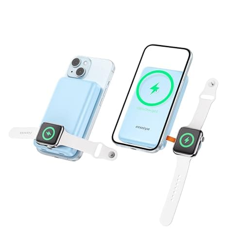 Innostyle Magnetic Power Bank, 10800mAh Wireless Portable Charger, Power Bank with Built in Cables, for iPhone 17/16/15/14/13/12 and Apple Watch Ultra/11/10/9/8/7/6/5, Blue
