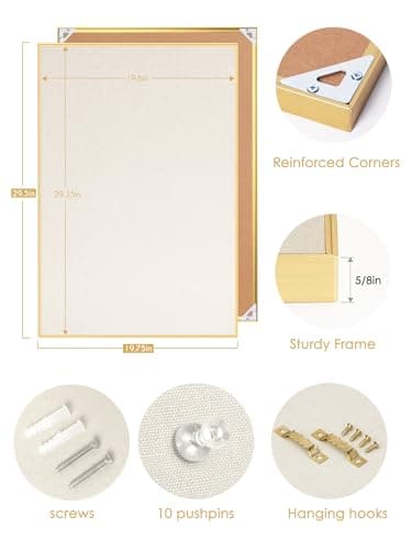 Lightomorrow Bulletin Board 30 x 20 inches, Oatmeal White Pin Board Vision Board, Golden Aluminum Framed Fabric Cork Board with 10 Push Pins 6