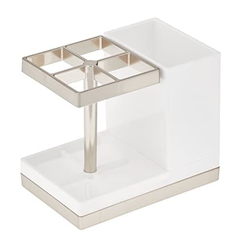 mDesign Plastic Toothbrush and Toothpaste Storage Organizer Holder - Home Decor for Bathroom Countertop - Holds Toiletries and Beauty Accessories - Lumiere Collection - White/Brushed 5