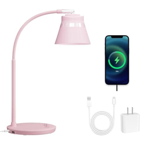 AXX TU08 Pink Cute Desk Lamp with USB Charging Port, 650 Lumens 3-Color Modes, 5-Touch Dimming, 30/60-Minute Timer, 18-Inch LED Small Table Light for Kids Teen Girls, College Dorm Room Essentials
