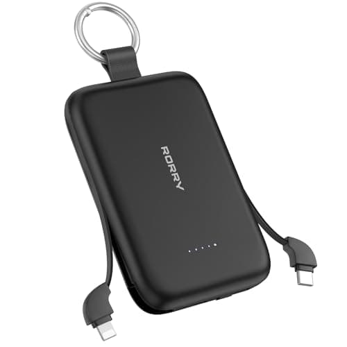 RORRY Portable Charger, 10000mAh PD 30W Fast Charging Portable Charger Power Bank with Built-in Cables, Travel Keychain Charger Battery Pack for iPhone 17/16/15/14/13/12, for AirPods 2/3/4/Pro, Black