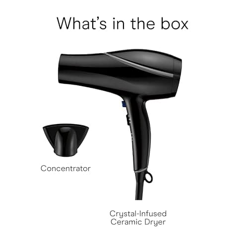 Conair Hair Dryer Style & Shine Natural Crystal Collection, 1875W Hairdryer, 3 Heat Settings, 2 Speeds, Blow Dryer with Concentrator Attachment, Ionic & Hematite-Infused Ceramic Technology, Black 9