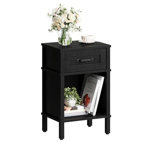 YAUKTAK Farmhouse Nightstand with Drawer, Small Wood Side Table, Wooden Bedroom Nightstand, Wood Night Stand, Black Bedside Table with Storage, Black End Table for Living Room LET512B
