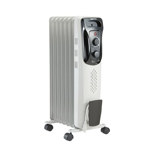 Amazon Basics Portable Oil Radiator Heater, Indoor Use, 3 Heat Settings, Over-Heat Protection, ETL-certified Safety, 7 Oil-Filled Steel Fins, 1500W, Tip-Over Protection, 11"D x 14.8"W x 25.2"H, White