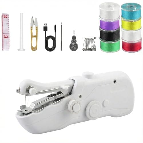 Portable Handheld Sewing Machine for Adults - Mini Hand Held Sewing Stitching Machine for Beginners - Small Electric Cordless for Quick Fabric Home Travel Clothes Pants DIY Fabric Denim (White)