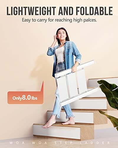 WOA WOA 3 Step Ladder, Foldable Step Stool, Lightweight Ladder for Home Kitchen Closet, Anti-Slip Aluminum Pedals, Ease of Folding, Portable, 300lbs Capacity - White 5