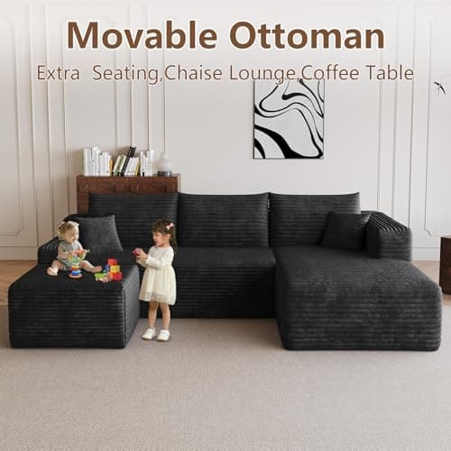 95" Modular Sectional Sofa with Ottoman, Modern Corduroy Cloud Couch with Deep Seat, Boneless Couch Upholstered 3-Seater U-Shaped Sofa for Living Room, No Assembly (Black,Right-Facing Chaise) 8