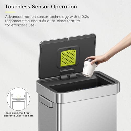 EKO Deluxe Mirage-T 50 Liter / 13.2 Gallon Touchless Rectangular Motion Sensor Trash Can, Matte Stainless Steel Finish 5