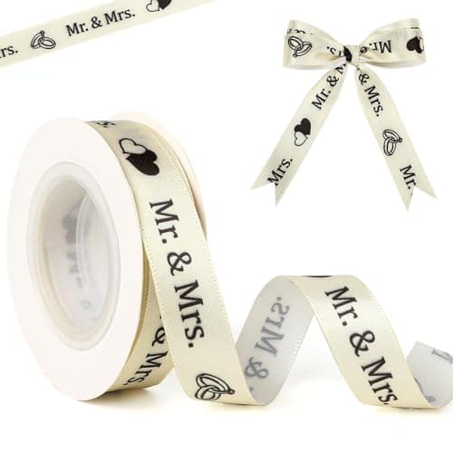 10 Yard 5/8 Inch Wedding Ribbon Mr. & Mrs. Printed Fabric Satin Thin Ribbon for Engagement Gift Wrapping Crafts Wedding Invitations Reception Table Decor Accessorie Hair Bow Flower Bouquet Party Favor