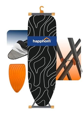 Ironing Board, Compact and Space Saver Ironing Board with Extra Thick 3 Layers Cover, Height Adjustable, Easy Storage with Smart Hanger and Heavy Duty Steel Legs, Black (13x43)