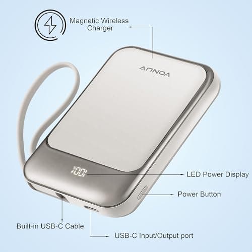 Magnetic Power Bank 10000mAh, Wireless Portable Charger with 15W Max Fast Charging & Built-in USB-C Cable, 22.5W PD LED Display Battery Pack Compatible with iPhone 17/16/15, Samsung Galaxy(white) 5