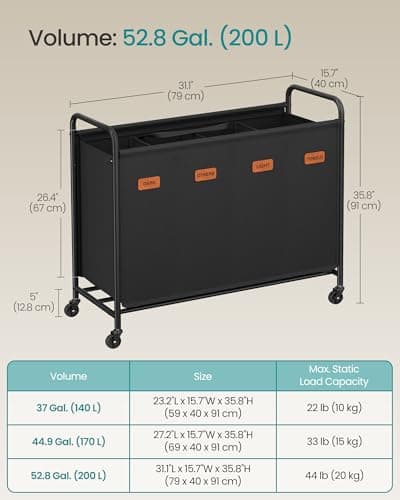 SONGMICS 4-Section Laundry Sorter, Laundry Hamper with Wheels, Rolling Clothes Hamper Cart with Large Capacity and Removable Bags, for Laundry Room, Bedroom, Bathroom, Ink Black URLS460B01 6