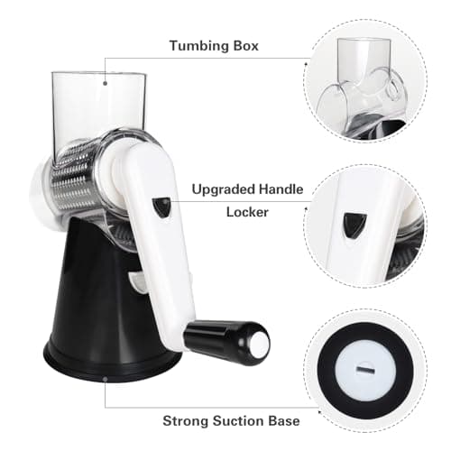 Cambom Rotary Cheese Grater Hand Crank Cheese Shredder for Fresh Cheese, Vegetable, Nuts,Non-slip Suction Base, Free Cleaning Brush Three Blades, Black 6