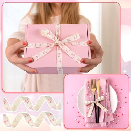 Wavwavw 20 Yards Pink Bow Ribbon, Natural 5/8 Inch 100% Cotton Herringbone Twill Fabric Ribbon Decorations for Crafts Gifts Wrapping, 2 Rolls 5