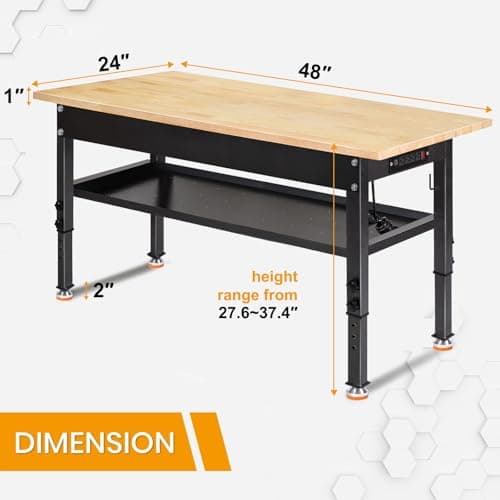 48"/60'' Adjustable Workbench, Rubber Wood Top Work Bench Heavy-Duty Work Table w/Power Outlet, Partition,2000 LBS Load Capacity Work Benches for Garage, Workshop, Home, Office, Easy Assembly 8