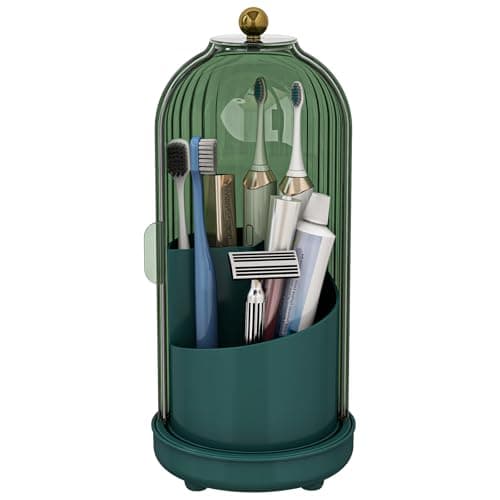 Zufudo Toothbrush Holders with Cover, Drainage Rotating Electric Toothbrush Organizer, 3 Slots Tooth Brush Holder for Bathroom Counter, Green